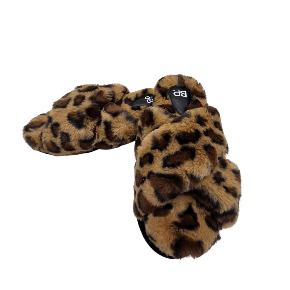 BP. Faux Fur Leopard Print Crisscross Slides Women Small 5-6 Tan Brown NWOT